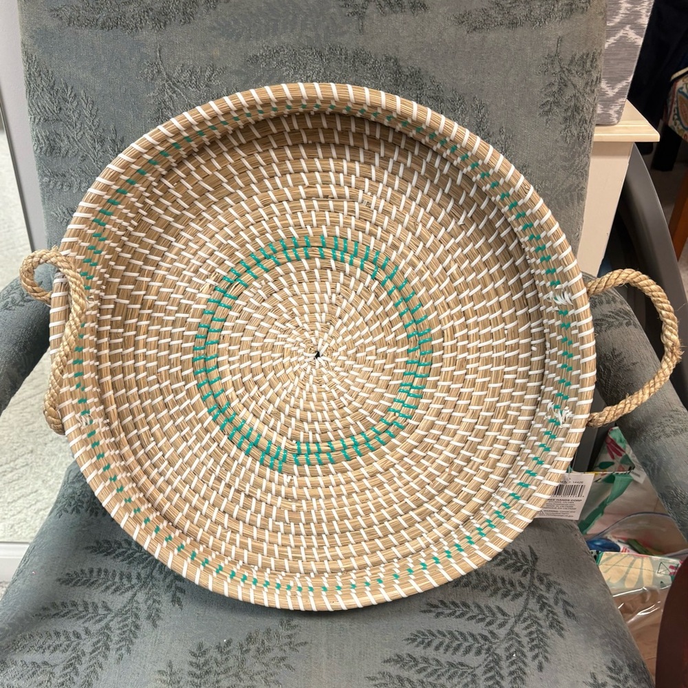 Handwoven Beige and Green Basket Tray